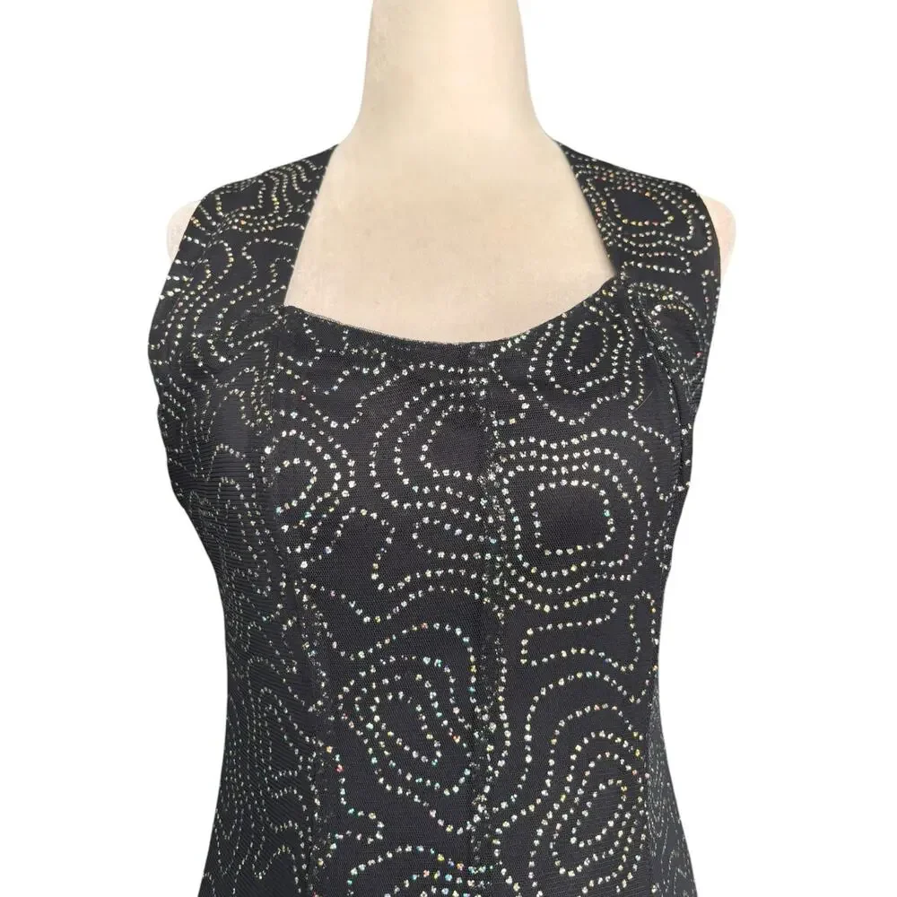 Vintage All That Jazz Black Mesh Rhinestone Maxi Dress Open Back Party Wedding